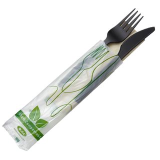 Bis coltello e forchetta - CPLA - con tovagliolo - nero - Leone - conf. 250 pez…